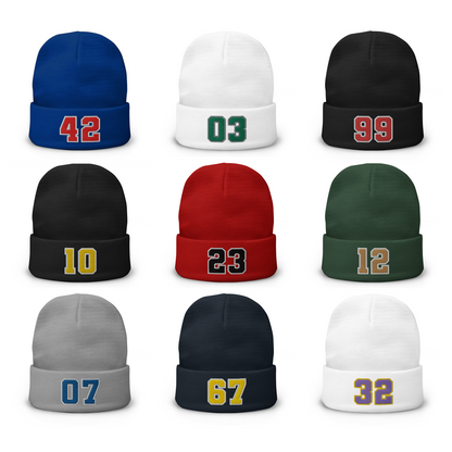 Custom Number Varsity Sports Player Winter Beanie Hat Cap