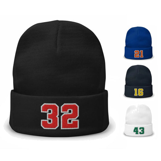 Custom Number Varsity Sports Player Winter Beanie Hat Cap