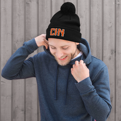 Vintage CIN Beanie Retro Cincinnati Football Hat w/ Pom-Pom