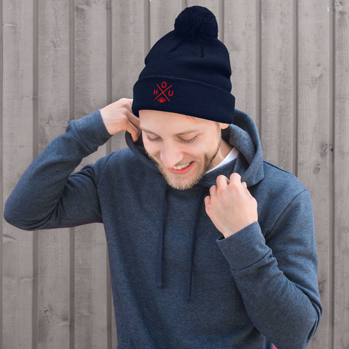 Houston Football Retro HOU Cross Winter Beanie Hat w/ Pom-Pom
