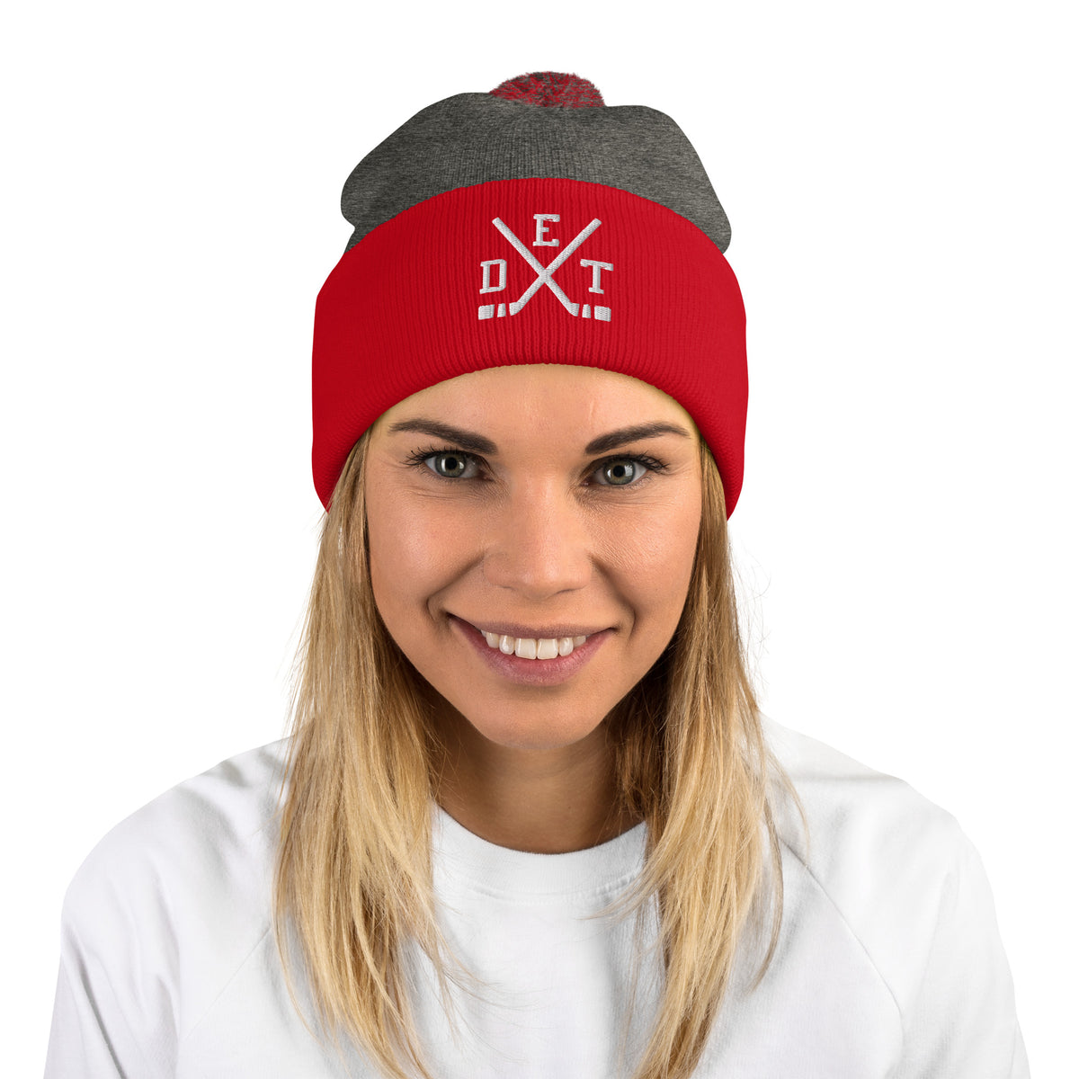 Detroit Hockey Sticks Retro DET Winter Beanie Hat w/ Pom-Pom