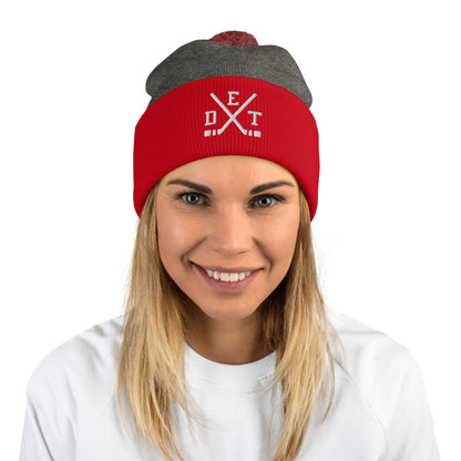 Detroit Hockey Sticks Retro DET Winter Beanie Hat w/ Pom-Pom